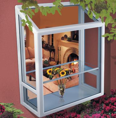 Exterior view of garden window looking into livingroom