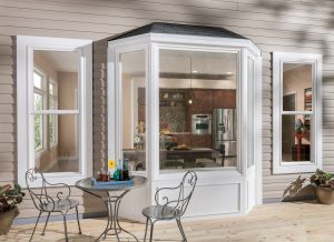 Exterior view of bay window looking into kitchen
