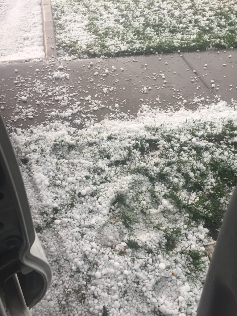 Hail covering grass on lawn