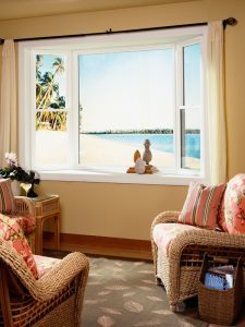 Living room with beach in window